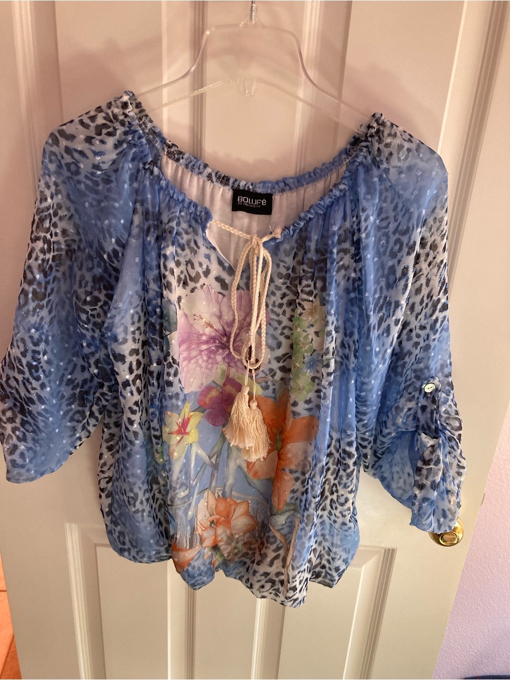 Blue Floral & Leopard Print Peasant Blouse with Tassel Tie